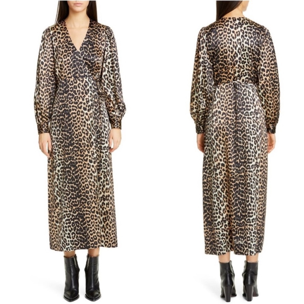 Ganni Silk Wrap Dress Leopard Print Long Sleeve Mob Wife Luxury Sz 38 = US 6 - Picture 2 of 14